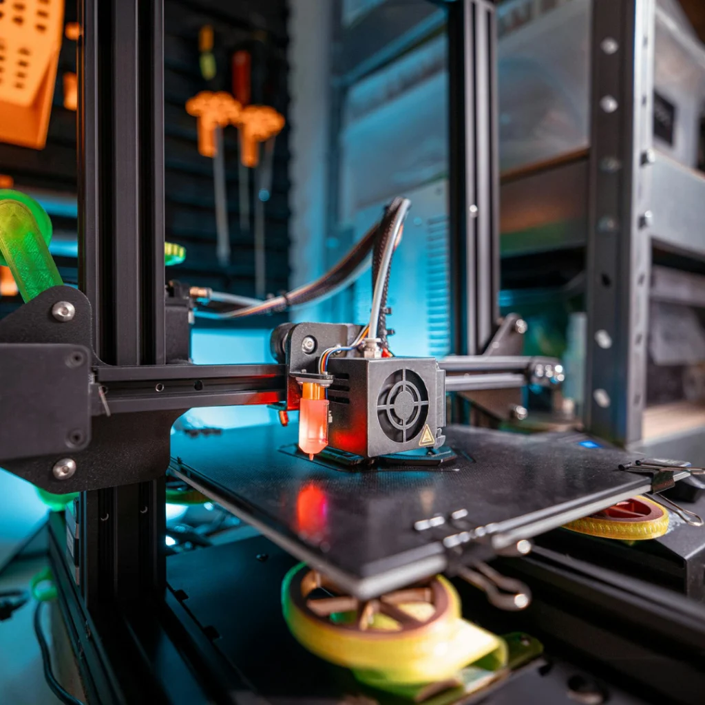 Primer plano de una impresora 3D en funcionamiento, representando la innovación tecnológica y su impacto en las estrategias de marketing digital para 2025, incluyendo personalización y producción sostenible.