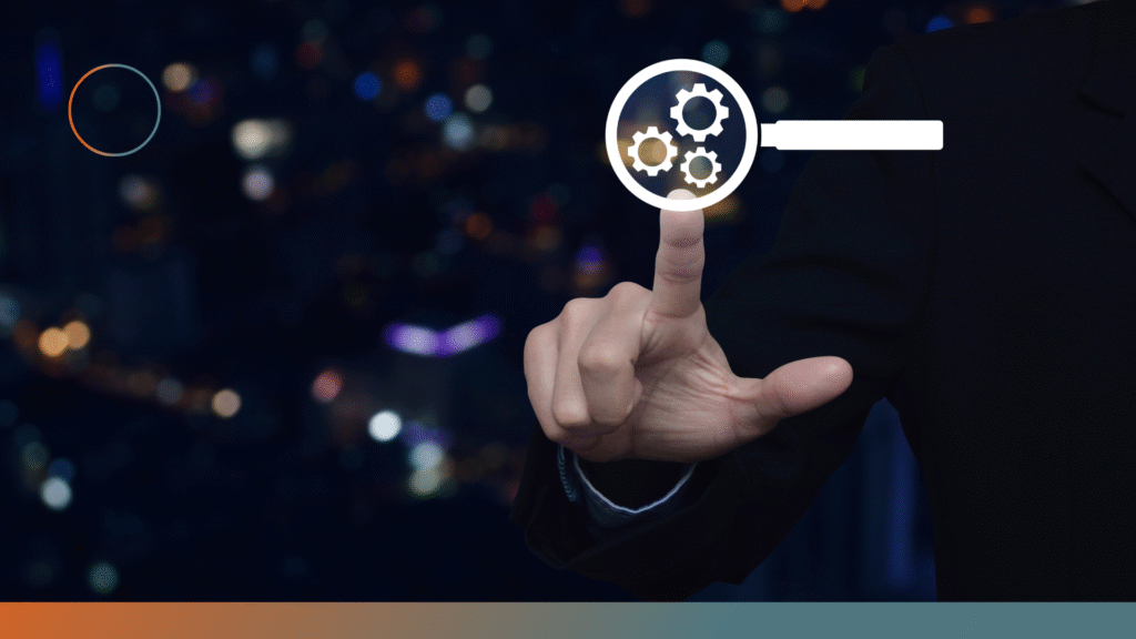 Impacto del AEO en los negocios representado con icono de engranajes bajo lupa digital